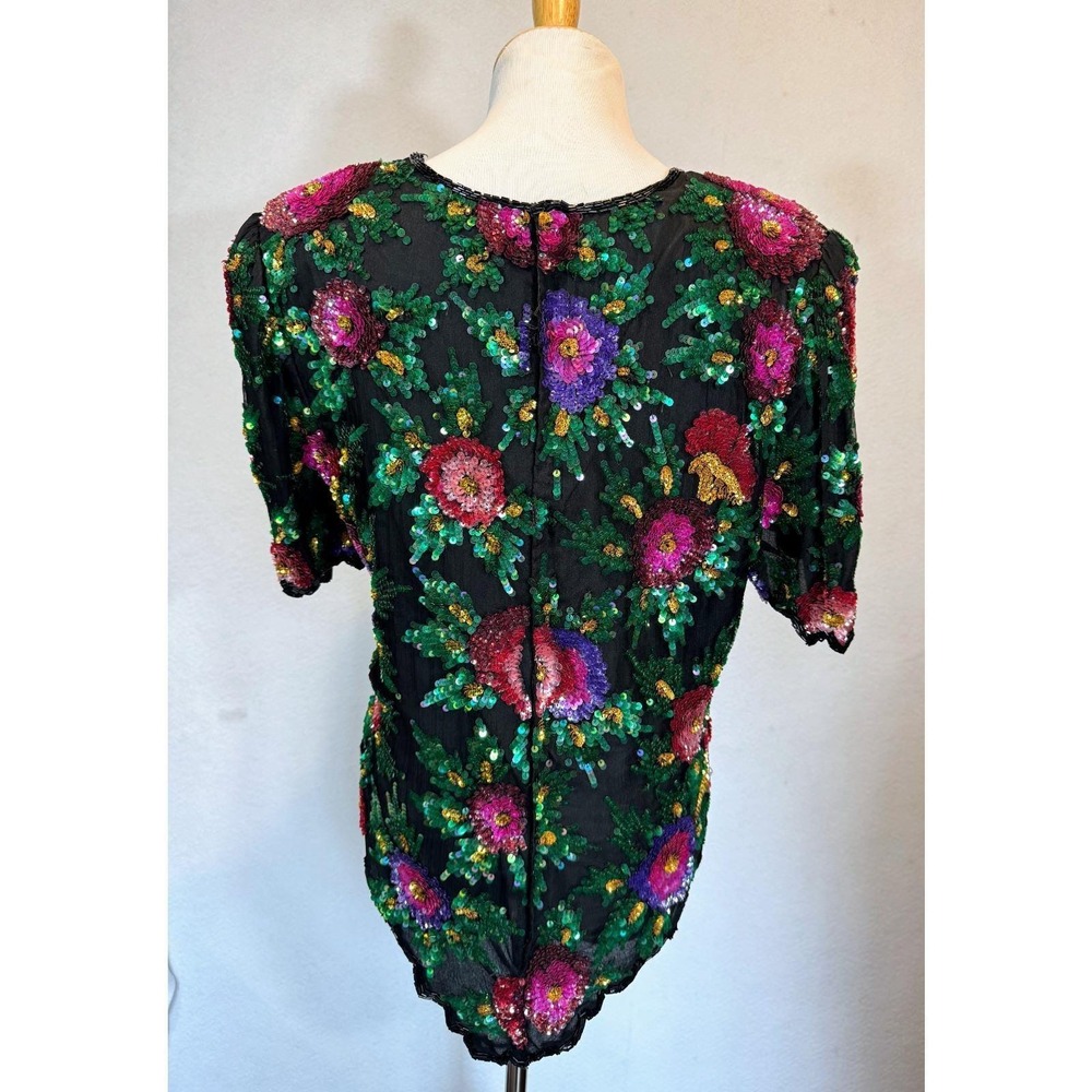 Laurence Kazar Beaded Top Womens‎ Size PM Silk Floral Vintage Zip Up - Picture 4 of 15